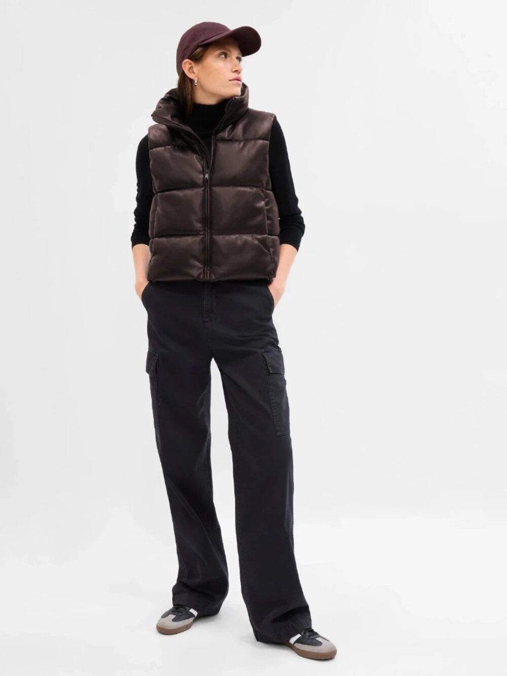 GAP Brown Vegan Leather Faux Leather Puffer Vest Size Medium Tall
